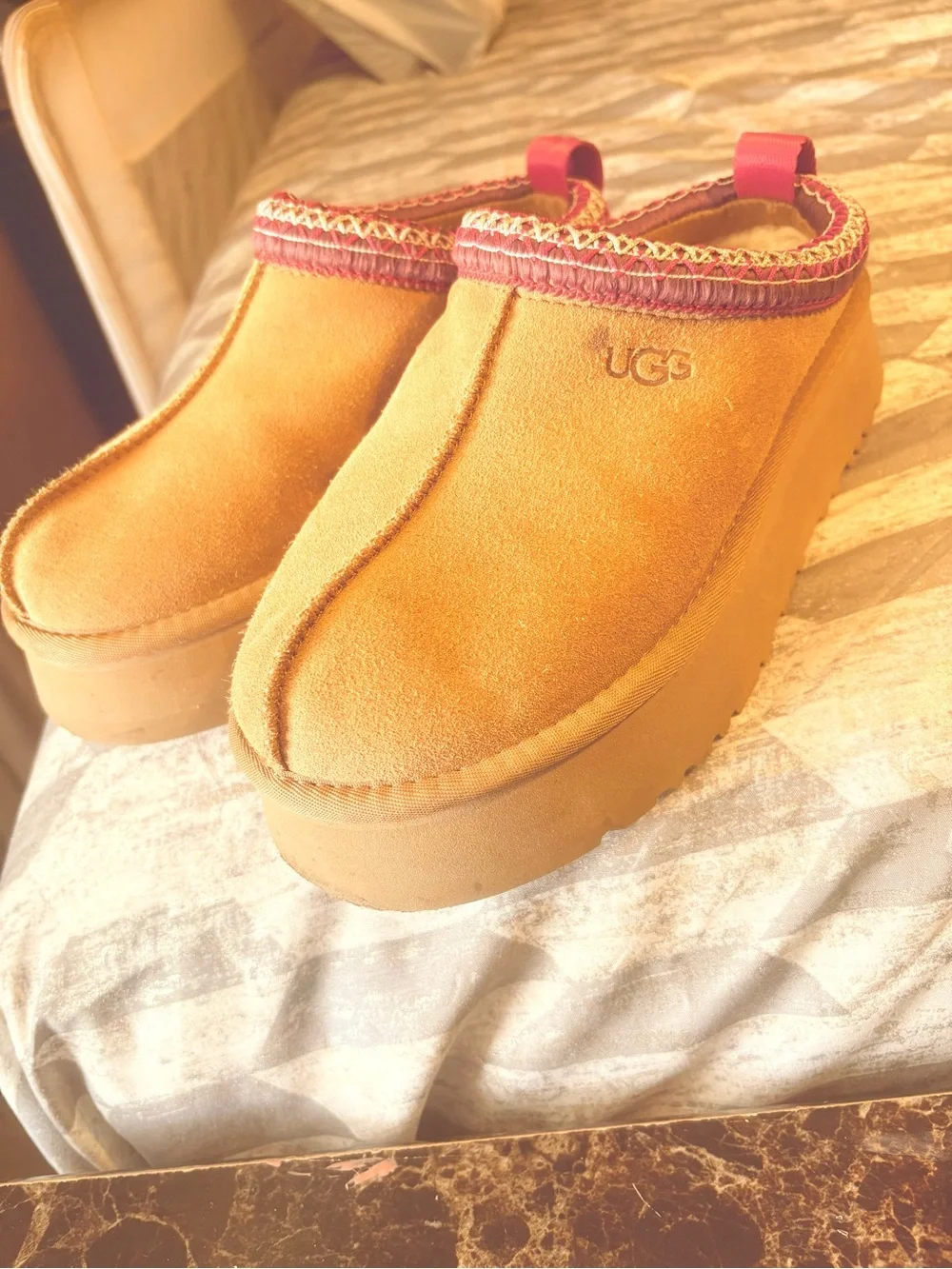 UGG Kids Chestnut Suede Slip-On Clogs with Pink Trim